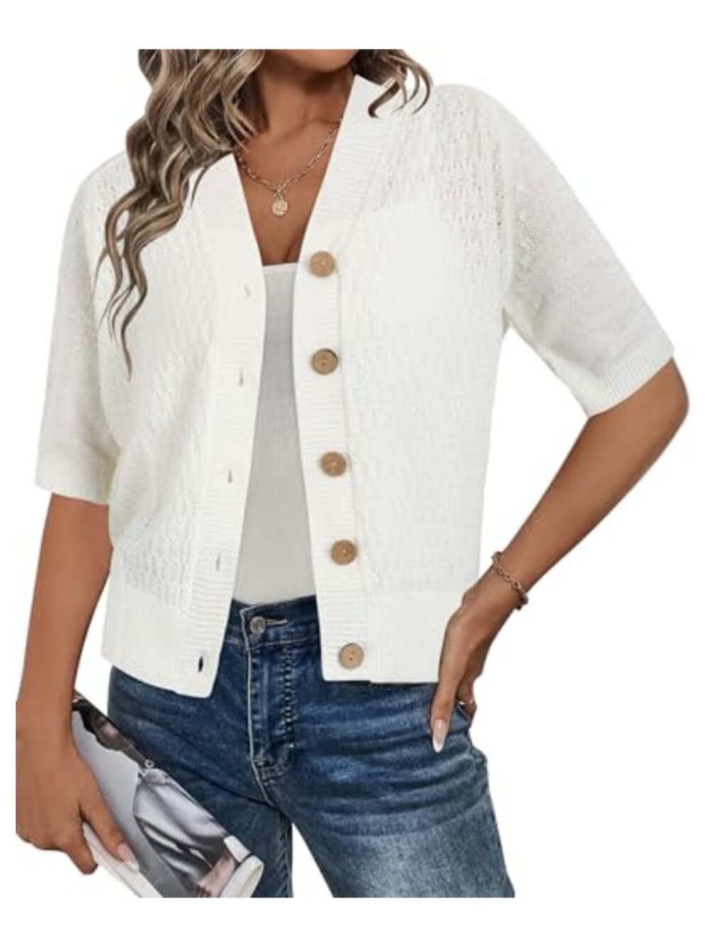 Women's Crochet Knit Cardigan Short Sleeve Button Down V-Neck Shrug